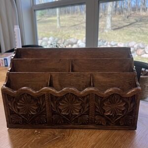 Vintage Lerner Faux Wood Desk Organizer Letter Mail Holder MCM Carved Resin 12"